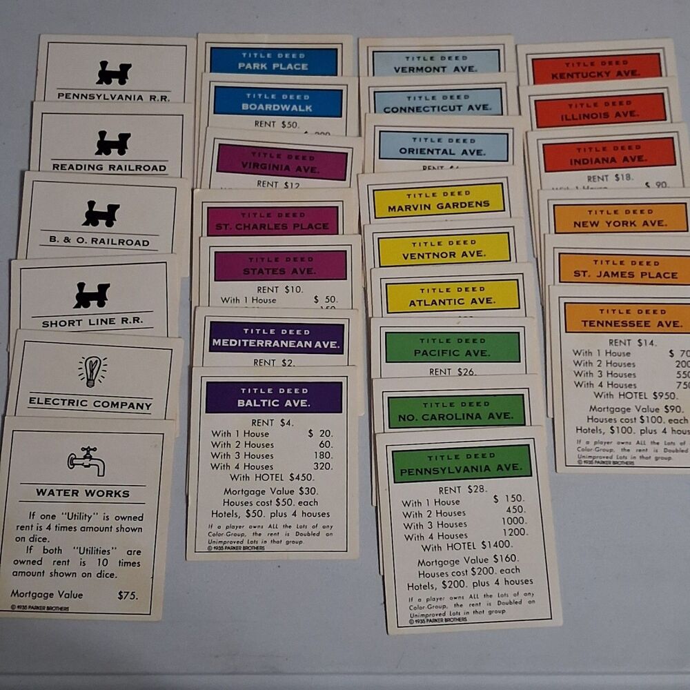 Monopoly Complete Property Deed Card Set 28 Cards Replacement Parts 1985 Hasbro